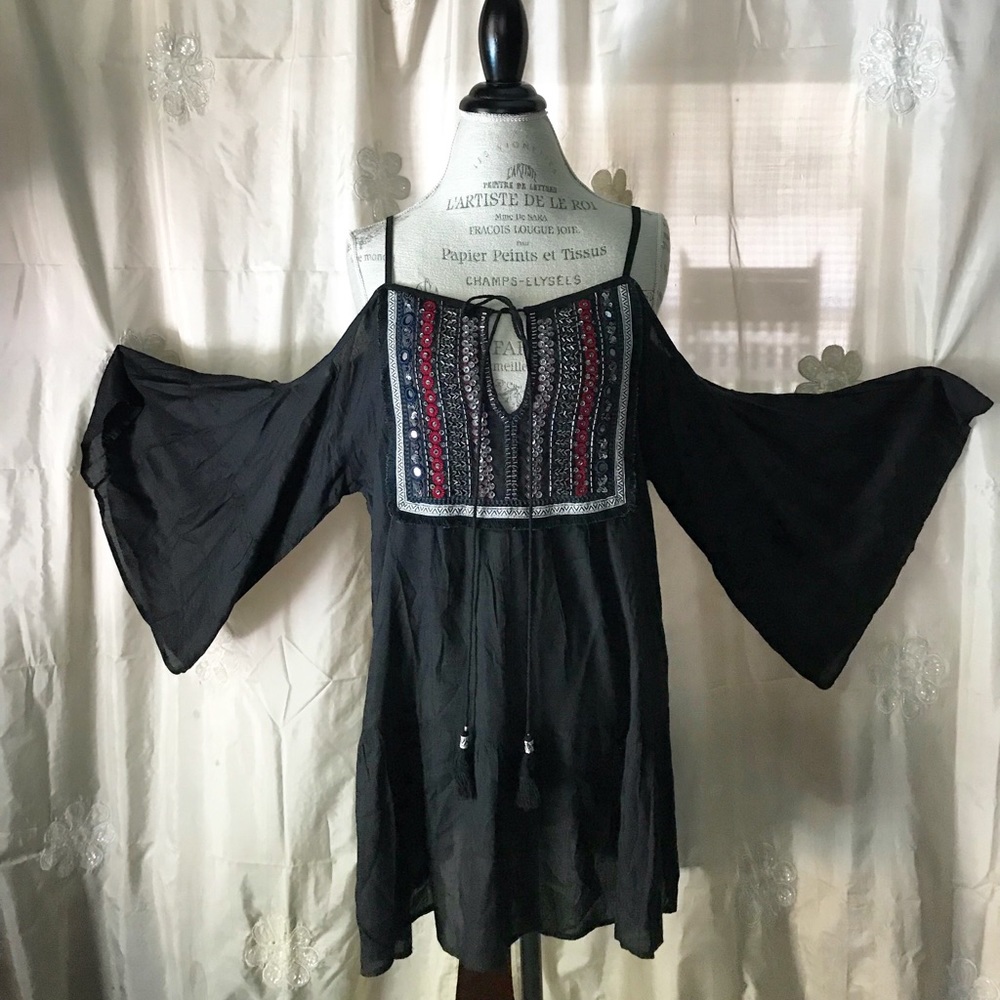 “Boho Me” black rayon cold shoulder blouse